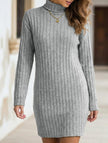 Light grey brushed striped turtleneck long-sleeved dress by FJØRNA, showcasing its stylish design and comfortable fit.