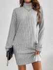 Light grey brushed striped turtleneck dress by FJØRNA, long-sleeved style with a modern, fitted silhouette.