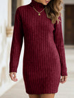 FJØRNA stylish brushed striped turtleneck long-sleeve dress in white, featuring a fitted silhouette and elegant design.