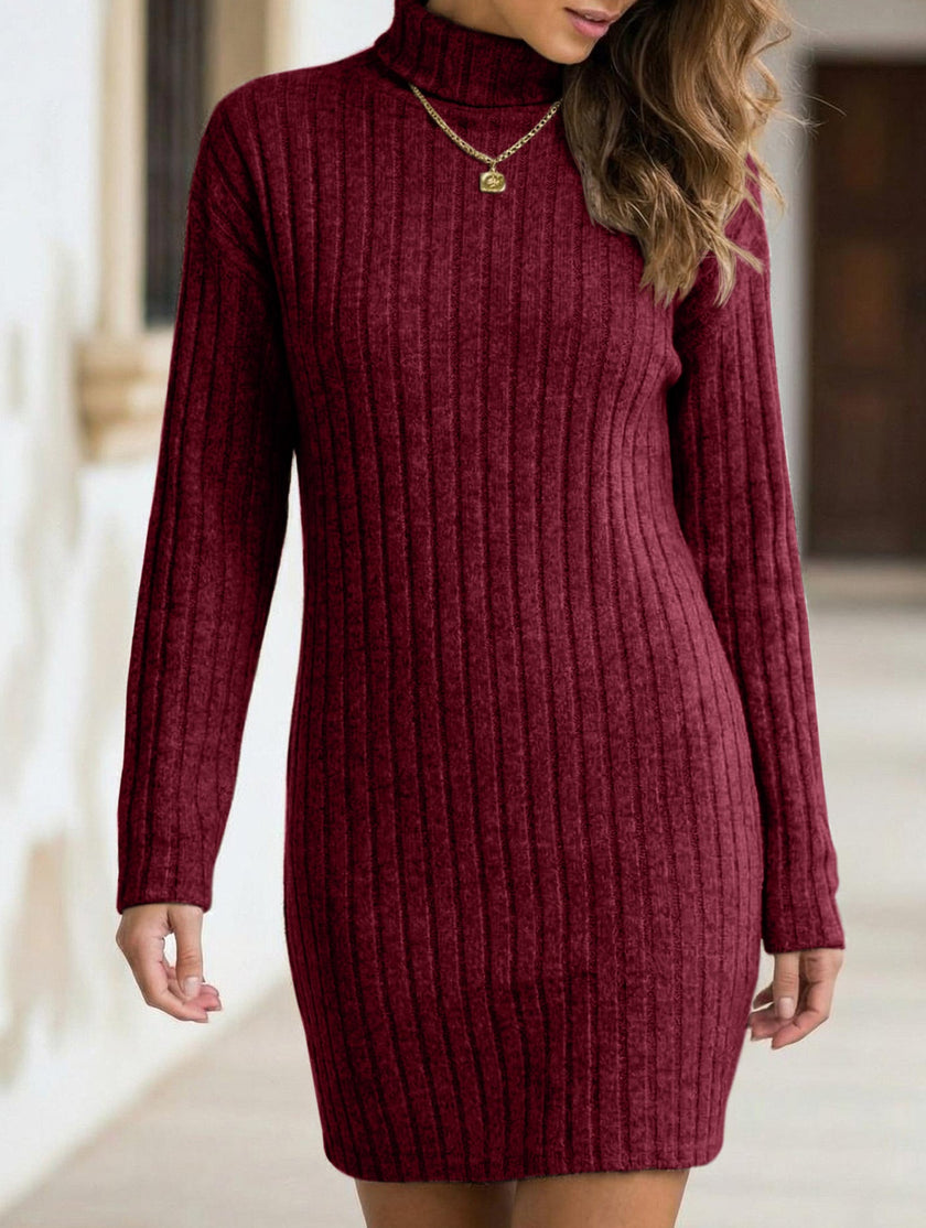 FJØRNA stylish brushed striped turtleneck long-sleeve dress in white, featuring a fitted silhouette and elegant design.