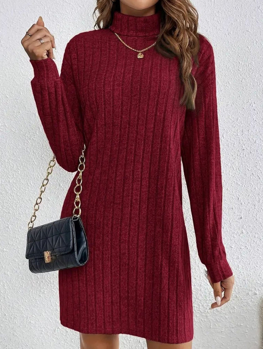FJØRNA stylish brushed striped turtleneck long-sleeved white dress, featuring a chic design and comfortable fit.
