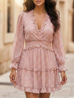 White FJØRNA V-neck fitted waist puff sleeve chiffon dress with elegant, flowing fabric and stylish design.