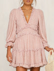 White V-neck fitted waist puff sleeve chiffon dress by FJØRNA, showcasing elegant design and flowy fabric.