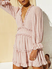 FJØRNA white V-neck fitted waist chiffon dress with puff sleeves, stylish and elegant for special occasions.