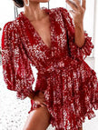 FJØRNA white V-neck fitted waist chiffon dress with puff sleeves, elegant and flowy for stylish occasions.
