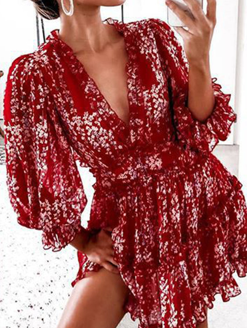 FJØRNA white V-neck fitted waist chiffon dress with puff sleeves, elegant and flowy for stylish occasions.