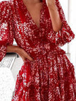 FJØRNA white V-neck fitted waist chiffon dress with puff sleeves, elegant and flowy for dressy occasions.