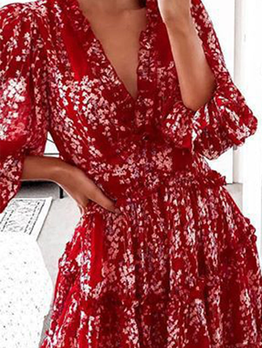 FJØRNA white V-neck fitted waist chiffon dress with puff sleeves, elegant and flowy for dressy occasions.