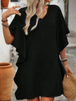 Black FJØRNA solid loose ruffle V-neck flowy dress with lightweight fabric and relaxed fit, perfect for casual or formal occasions.