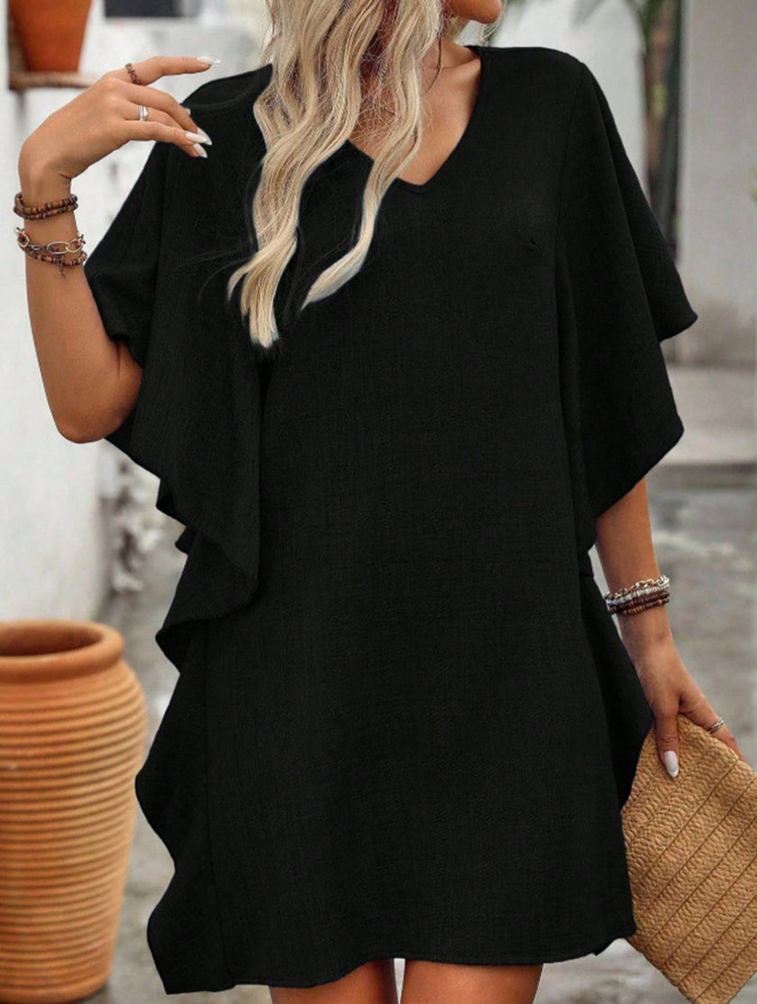 Black FJØRNA solid loose ruffle V-neck flowy dress with lightweight fabric and relaxed fit, perfect for casual or formal occasions.