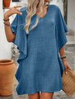 Blue FJØRNA solid loose ruffle V-neck flowy dress with a relaxed fit and feminine detailing, ideal for casual or summer wear.