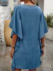 Blue FJØRNA solid loose ruffle V-neck flowy dress with a relaxed fit and fluttering sleeves, perfect for casual or formal occasions.
