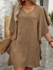 FJØRNA solid white loose ruffle V-neck flowy dress, lightweight and elegant, perfect for casual or dressy occasions.