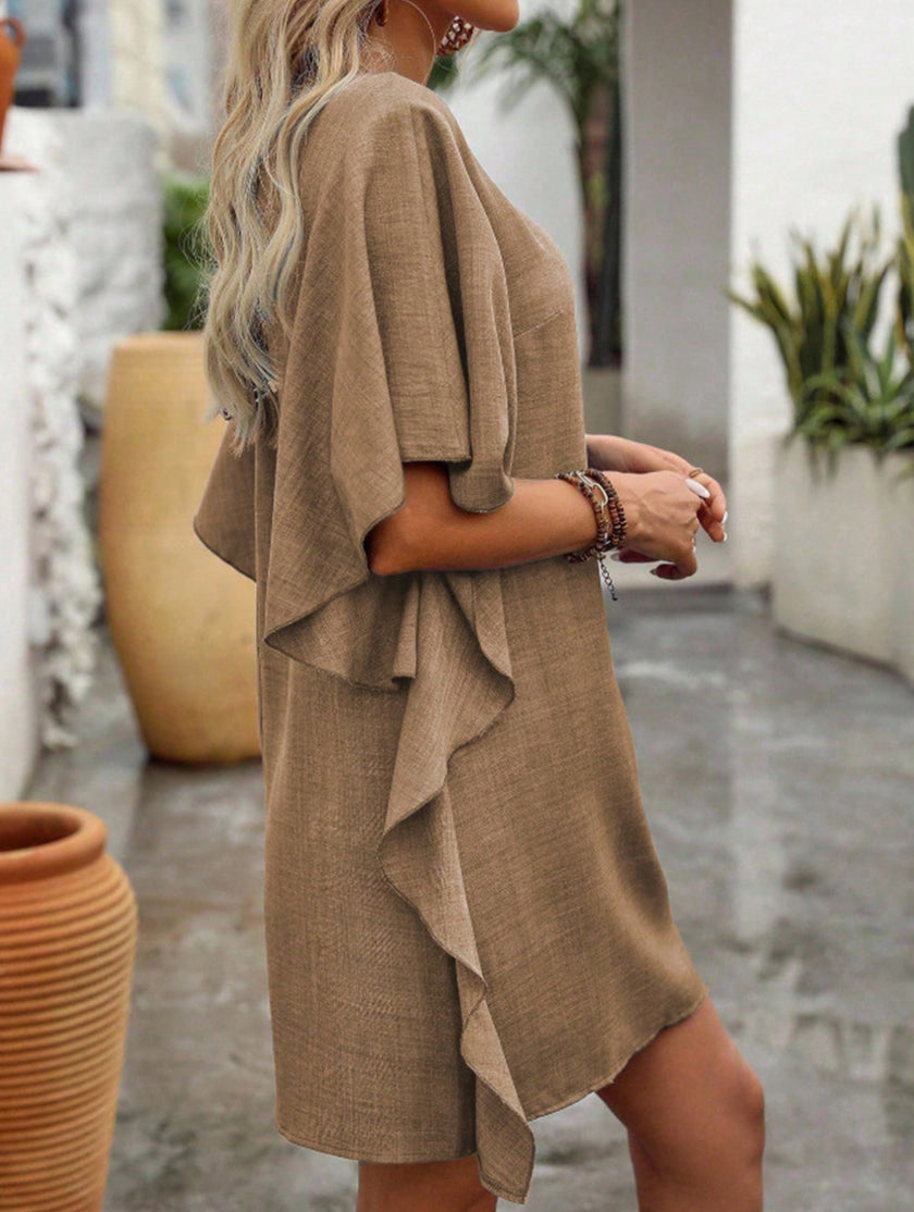 FJØRNA solid white loose ruffle V-neck flowy dress with lightweight fabric and relaxed fit, perfect for casual or summer wear.
