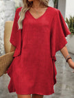 White FJØRNA solid loose ruffle V-neck flowy dress with lightweight fabric and feminine design, perfect for casual or summer wear.