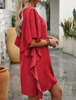 FJØRNA white solid loose ruffle V-neck flowy dress, lightweight and elegant, featuring ruffle details and a relaxed fit.