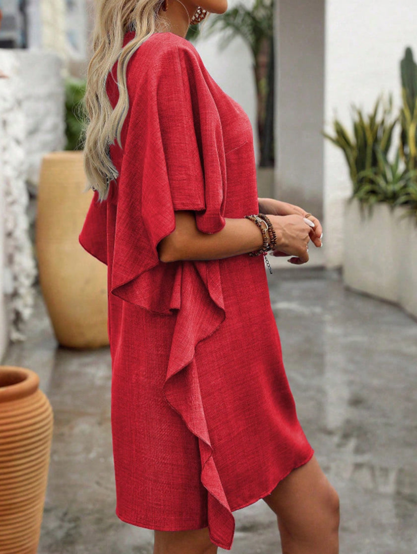 FJØRNA white solid loose ruffle V-neck flowy dress, lightweight and elegant, featuring ruffle details and a relaxed fit.