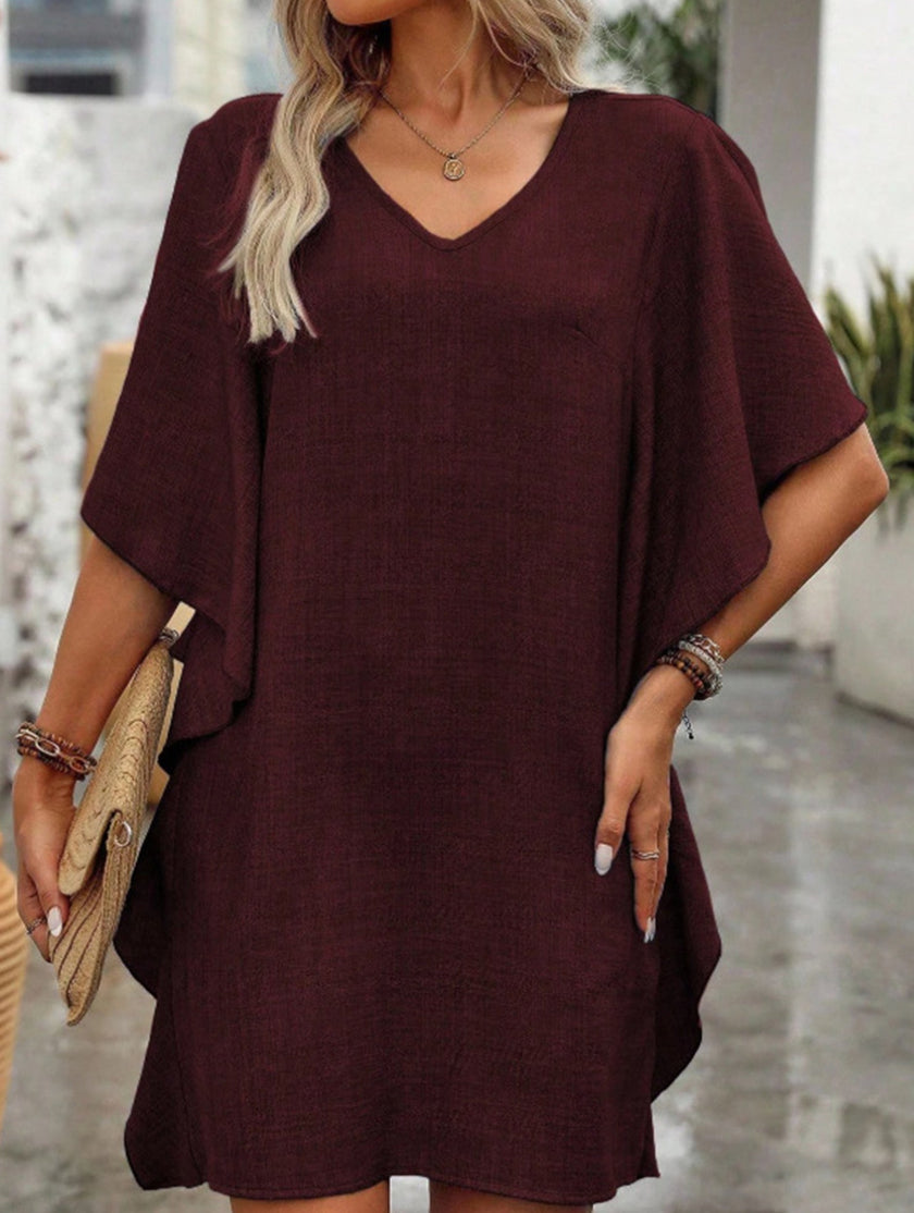 FJØRNA white solid loose ruffle V-neck flowy dress, elegant sleeveless dress with ruffle details for a breezy, stylish look.