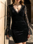 Black mesh lace deep V pleated long dress by FJØRNA featuring intricate lace details and flowing silhouette.