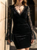 Black mesh lace deep V pleated long dress by FJØRNA featuring intricate lace details and flowing silhouette.