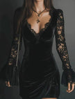 FJØRNA white mesh lace deep V pleated long dress with intricate lace details and flowing fabric, elegant evening wear style.