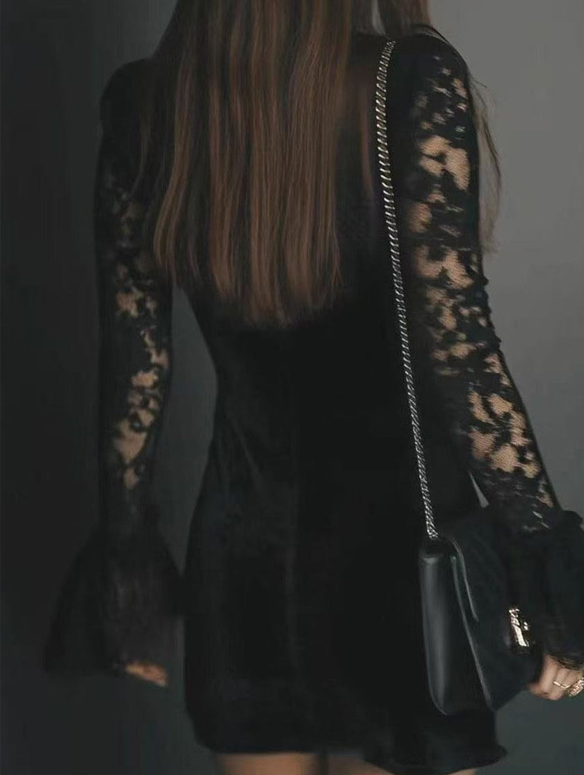 Black mesh lace deep V pleated long dress by FJØRNA, featuring elegant lace details and flowing pleated design.