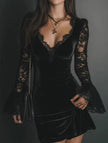 FJØRNA mesh lace deep V pleated long white dress with intricate lace details and flowing fabric for elegant occasions.