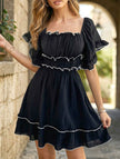 Black French square neck ruffle A-line dress by FJØRNA, featuring a classic silhouette and elegant ruffle details.