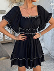 Black French Square Neck Ruffle A-Line Dress by FJØRNA, featuring a classic silhouette and ruffled neckline.