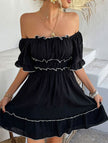 Black French Square Neck Ruffle A-Line Dress by FJØRNA, featuring a stylish square neckline and ruffle details.