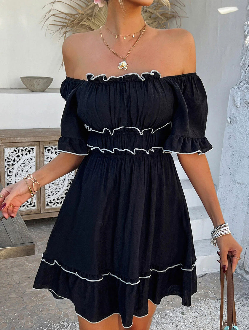 FJØRNA French square neck ruffle A-line dress in white, featuring a classic silhouette with ruffle details and elegant style.