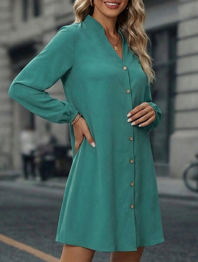 White solid long sleeve A-line midi dress by FJØRNA, featuring a fitted bodice and flowing skirt, perfect for elegant occasions.