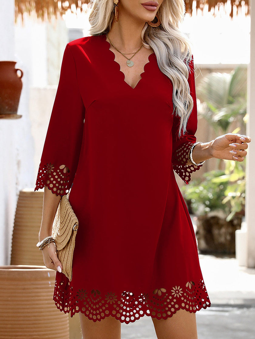 FJØRNA Burnout Floral A-Line White Dress with vibrant red floral pattern, lightweight fabric, and elegant flowy silhouette.