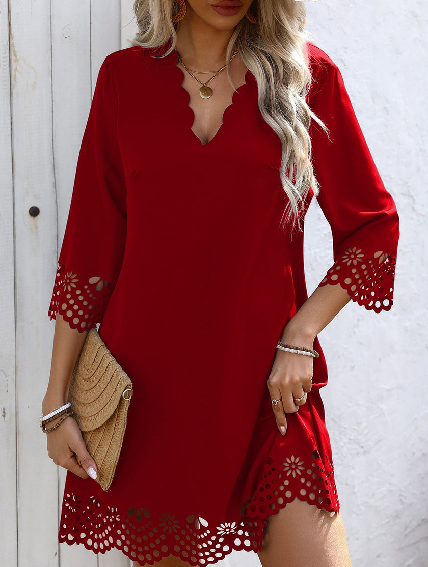 FJØRNA Burnout Floral A-Line White Dress with vibrant red floral pattern, flowing fabric, and elegant silhouette.