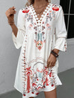 FJØRNA white V-neck lace patch print dress with floral design, elegant and stylish for special occasions.