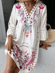 White V-neck lace patch print dress by FJØRNA, featuring a stylish design with intricate lace details and a flattering fit.