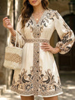 FJØRNA tie waist print midi dress in white with a stylish design, showcasing a flowy silhouette and elegant pattern.