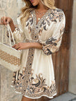 FJØRNA white tie waist print midi dress with floral pattern, featuring a relaxed fit and elegant length for casual or formal wear.