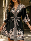 FJØRNA black tie waist print midi dress featuring a stylish silhouette and elegant design, perfect for versatile occasions.