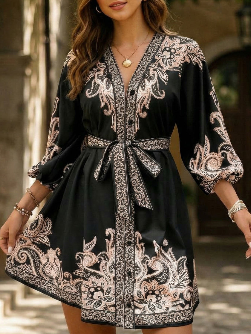 FJØRNA black tie waist print midi dress featuring a stylish silhouette and elegant design, perfect for versatile occasions.
