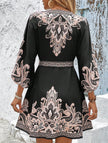 FJØRNA black tie waist print midi dress with a stylish silhouette, featuring a fitted waist and elegant midi length.