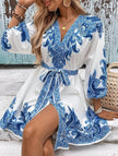 FJØRNA blue tie waist print midi dress with a relaxed fit and elegant design, perfect for casual or semi-formal occasions.
