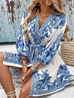 Blue tie waist print midi dress by FJØRNA featuring a flattering silhouette and elegant pattern, perfect for stylish occasions.