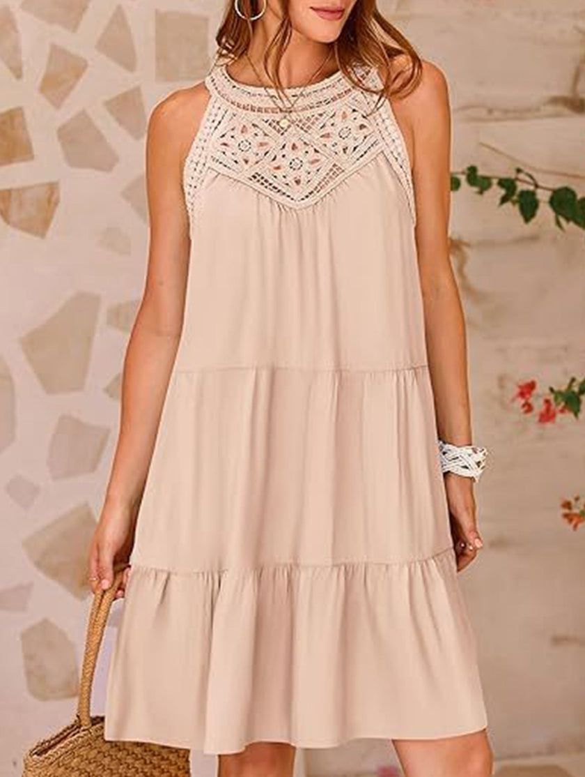 FJØRNA lace patch halter A-line dress in apricot with intricate lace details and a flattering fit, perfect for elegant occasions.