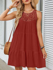 FJØRNA lace patch halter A-line dress in brick color, featuring intricate lace details and a flattering halter neckline.