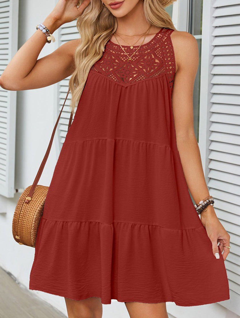 FJØRNA lace patch halter A-line dress in brick color, featuring a fitted bodice and flowing skirt, perfect for elegant occasions.