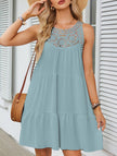 Light green lace patch halter A-line dress by FJØRNA, featuring delicate lace details and a flattering fit.