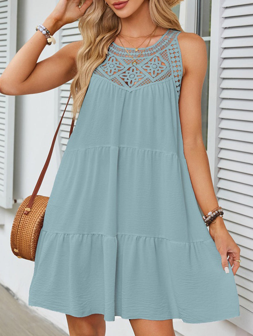 Light green lace patch halter A-line dress by FJØRNA featuring delicate lace details and a flattering fit.
