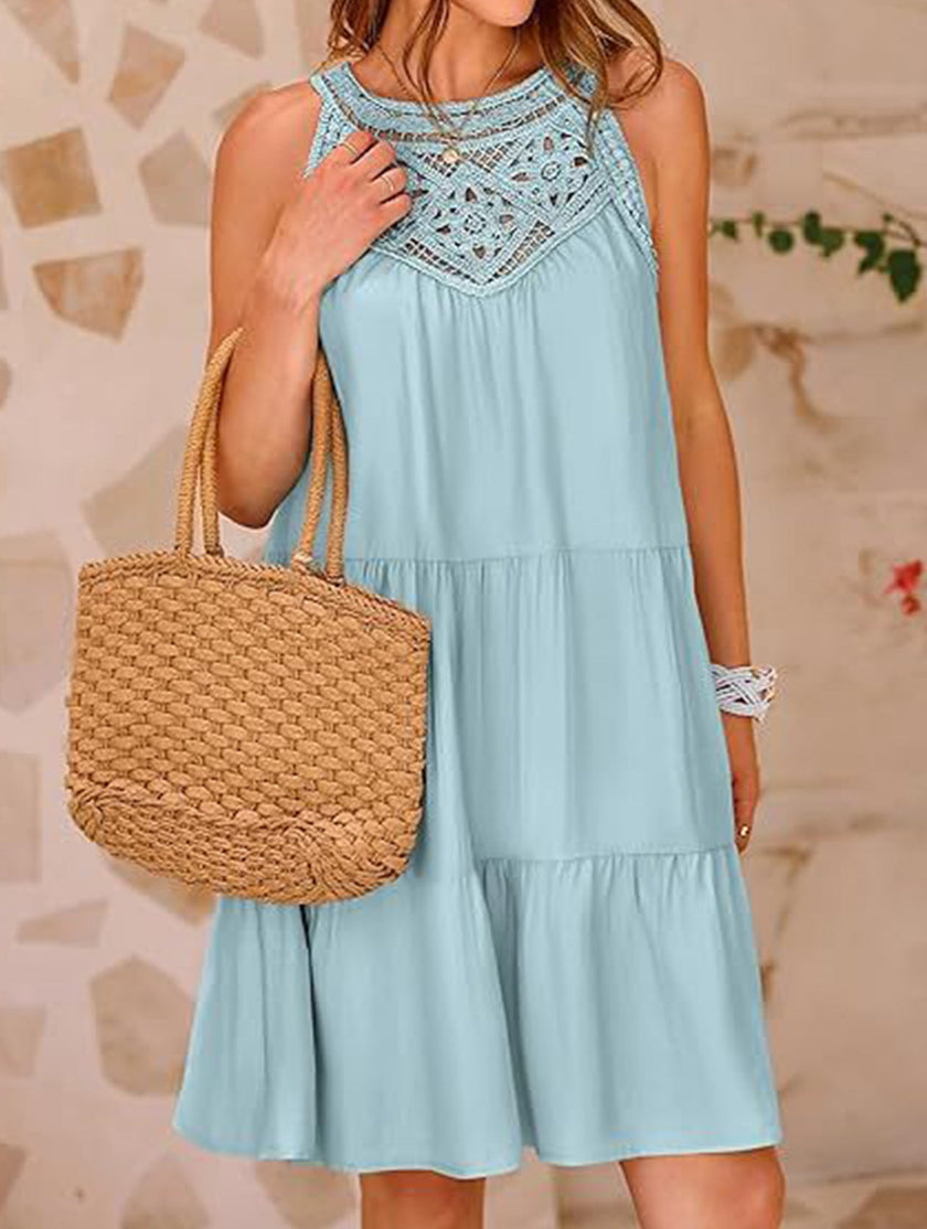 Light green lace patch halter A-line dress by FJØRNA with intricate lace details and a flattering silhouette.