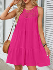 FJØRNA lace patch halter A-line dress in rose color, featuring a fitted bodice and flowing skirt, perfect for elegant occasions.